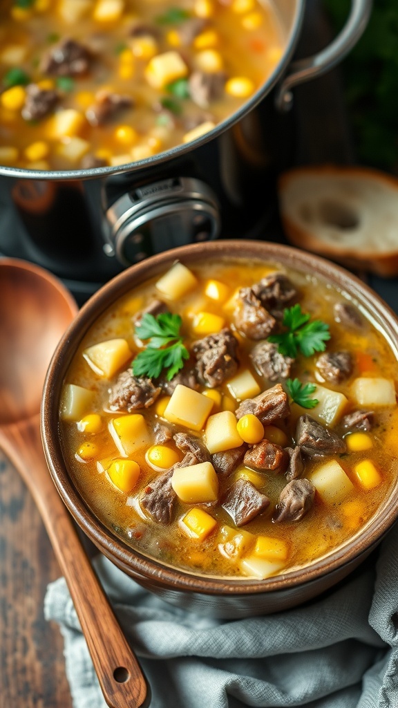 A bowl of beef and corn chowder with beef chunks, corn, and potatoes in creamy broth, garnished with parsley, on a rustic kitchen table.